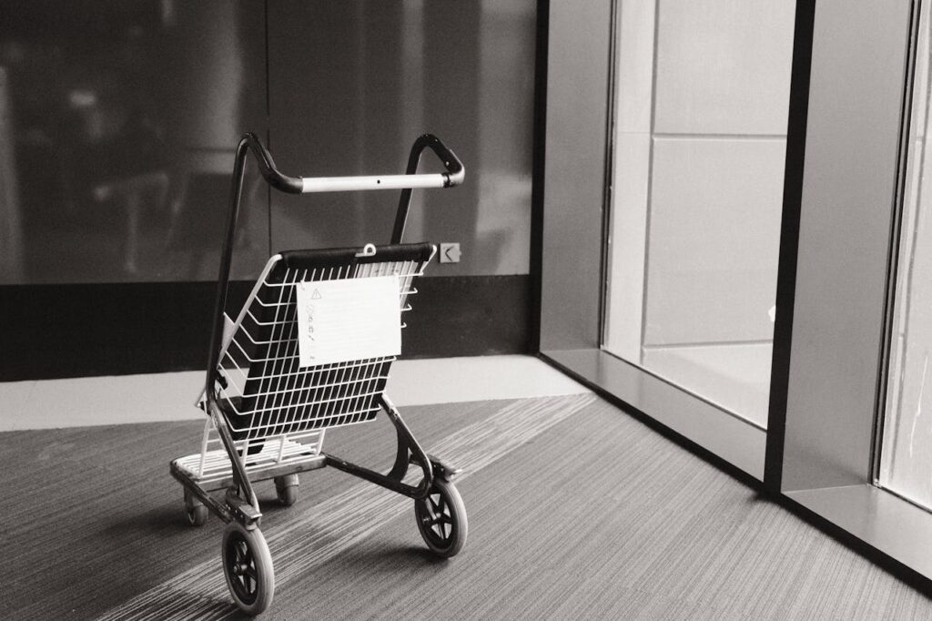 Black and White Photo of a Walker with a Basket 