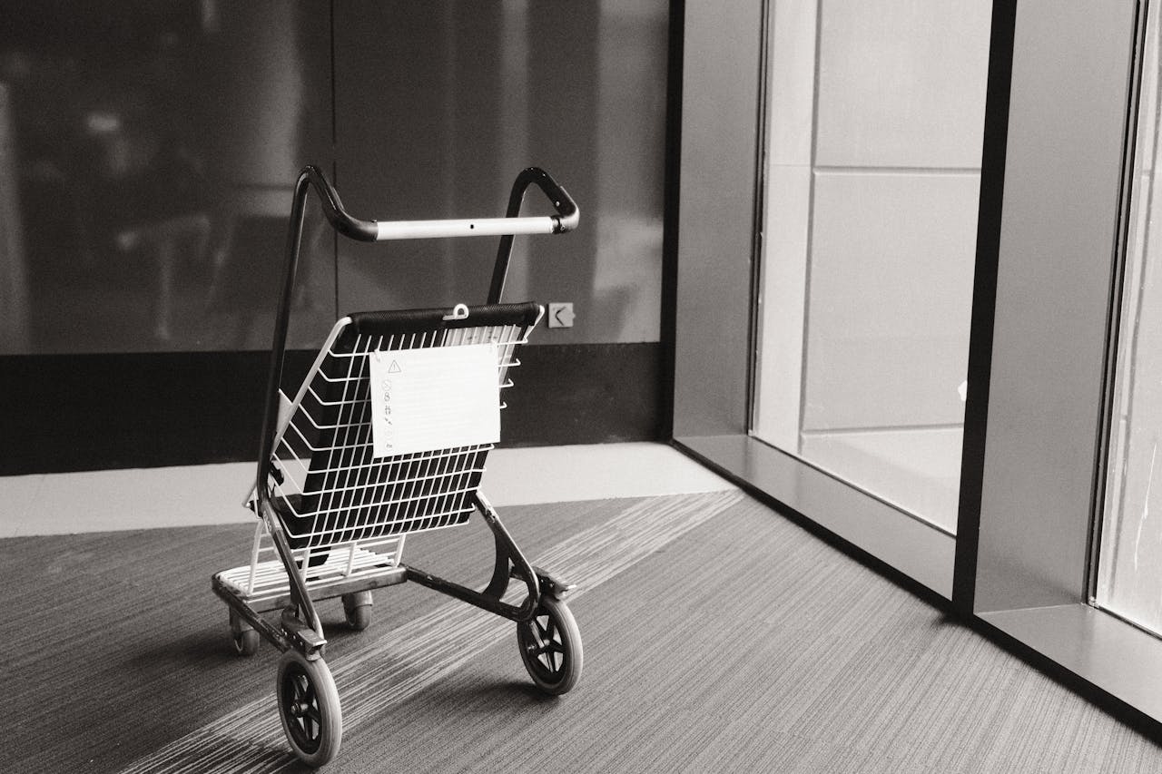 Black and White Photo of a Walker with a Basket