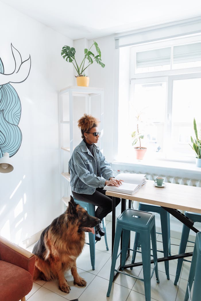 A Woman in Denim Jacket Reading By Braille